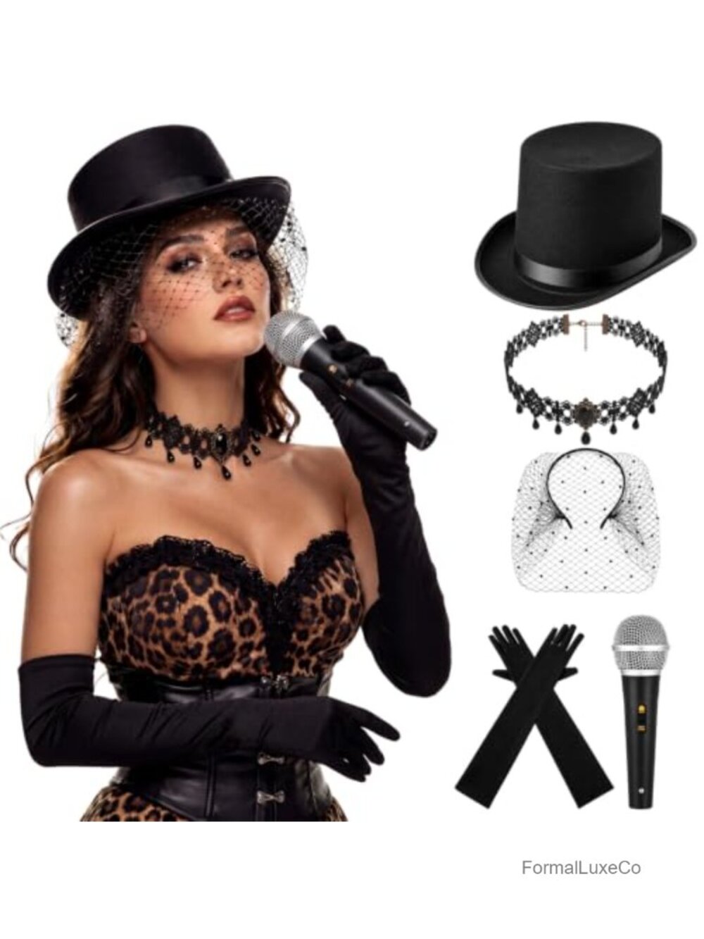 90s Pop Star Costume Accessory Set Hat Choker Gloves Veil Mic